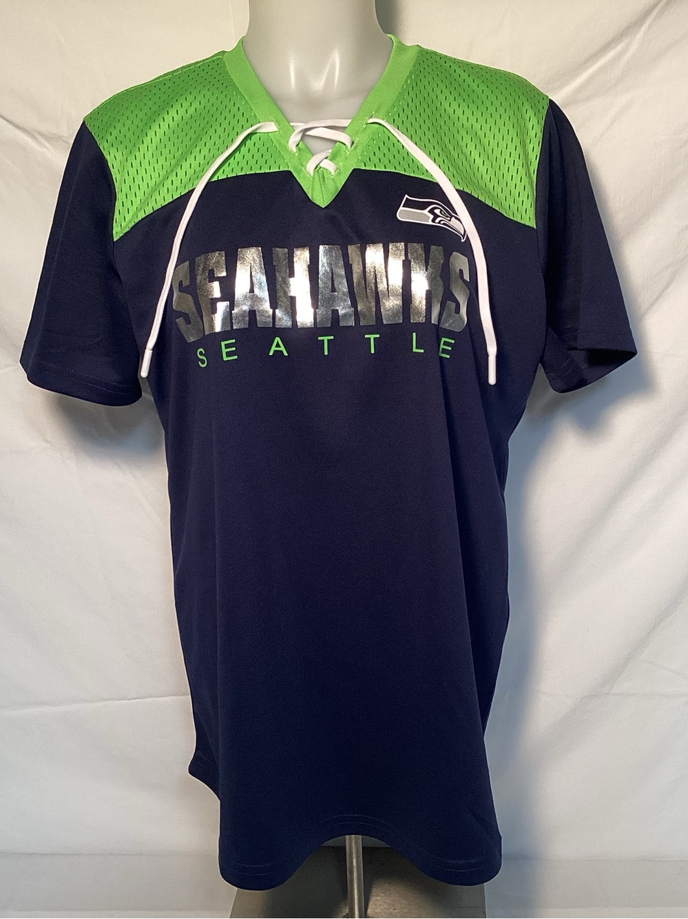G-III Seattle Seahawks Lace-Up Jersey - Navy & Neon Green Women’s size Large